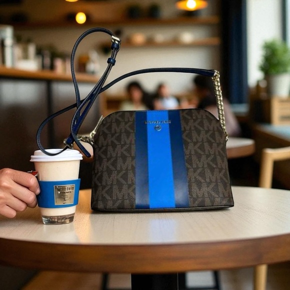 Michael Kors Handbags - Michael Kors Purse Cindy Dome Blue Center Stripe Brown MK Logo Bag Crossbody